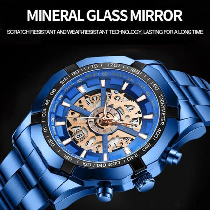 BINBOND Luminous Waterproof Quartz Watch for Daily Wear - blue stainless steel skeleton dial watch with luminous hands and tachymeter bezel
