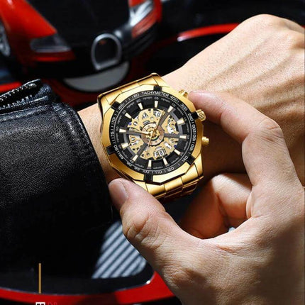 BINBOND Luminous Waterproof Quartz Watch for Daily Wear - gold-tone men's luminous waterproof quartz watch on wrist, casual daily use