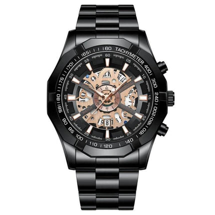 BINBOND Luminous Waterproof Quartz Watch for Daily Wear - black stainless steel luminous dial, skeleton movement, waterproof everyday timepiece