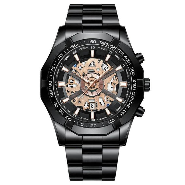 BINBOND Luminous Waterproof Quartz Watch for Daily Wear - black stainless steel luminous dial, skeleton movement, waterproof everyday timepiece