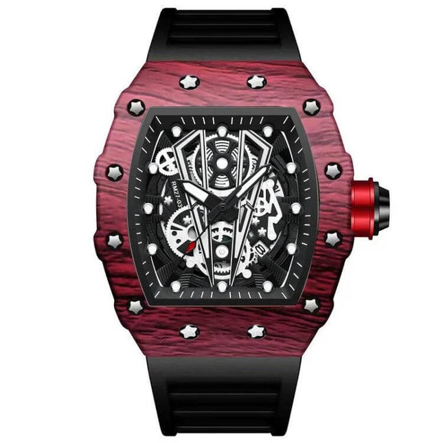 BinBond Sports Watch for Daily Wear With Silicone Strap - red metal case, skeleton dial, black silicone strap, water-resistant everyday sports watch