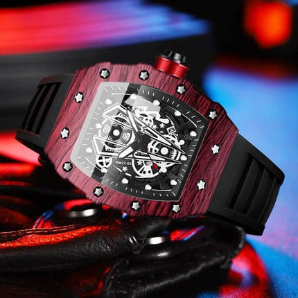 BinBond Sports Watch for Daily Wear With Silicone Strap - red metal case, black silicone strap, skeleton dial, water-resistant daily wear sports watch