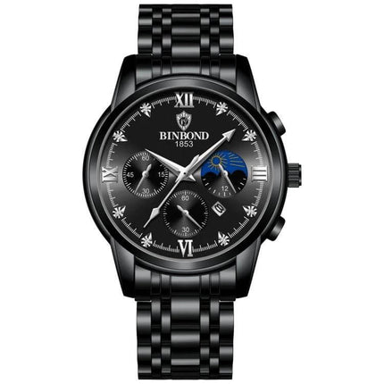 Binbond Waterproof Luminous Men's Calendar Watch black metal case with luminous hands and calendar subdials on black bracelet