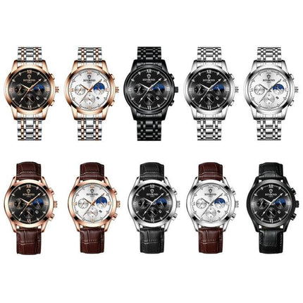 Binbond Waterproof Luminous Men's Calendar Watch collection showing metal and leather strap options with luminous hands and calendar display
