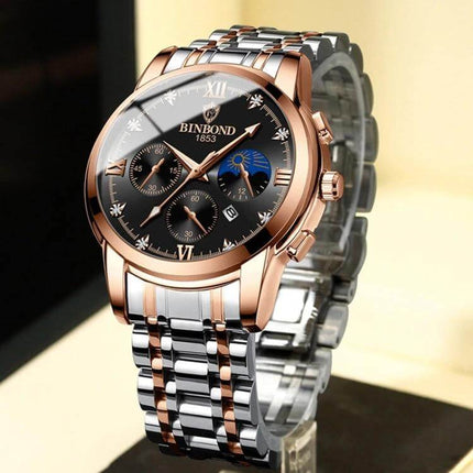 Binbond Waterproof Luminous Men's Calendar Watch with rose gold case and two-tone steel bracelet, luminous hands and calendar subdials
