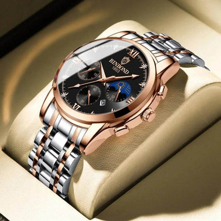 Binbond Waterproof Luminous Men's Calendar Watch rose gold case with steel bracelet, luminous hands and calendar display