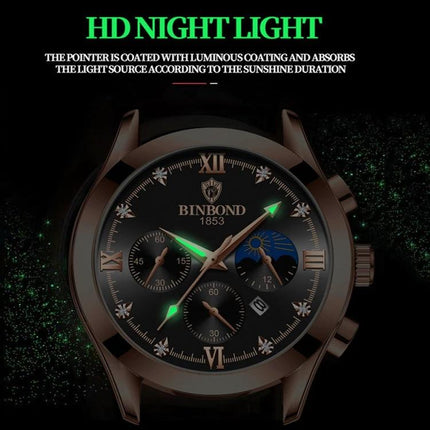 Binbond Waterproof Luminous Men's Calendar Watch showing metal case, luminous hands and date display in dark setting