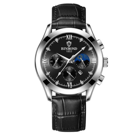 Binbond Waterproof Luminous Men's Calendar Watch black dial with leather strap, luminous hands and calendar display