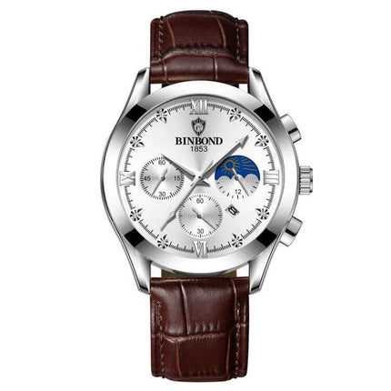 Binbond Waterproof Luminous Men's Calendar Watch with brown leather strap, metal case, luminous hands and date subdial