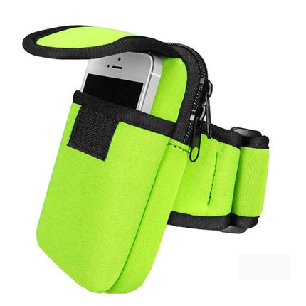 Waterproof Neoprene Arm Bag for Phone Storage in neon green on forearm, zip pocket and adjustable strap for runners and cyclists