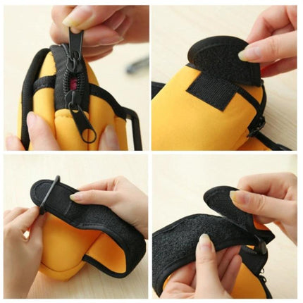 Waterproof Neoprene Arm Bag for Phone Storage showing yellow neoprene arm strap, zipper pocket, and Velcro closure for runners and cyclists