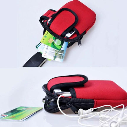 Waterproof Neoprene Arm Bag for Phone Storage on forearm with phone, cards, earbuds — red compact hands-free running case