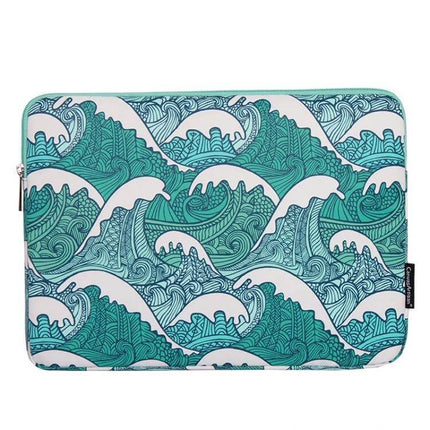 PU Leather Laptop Sleeve Bag for 11-15 Inch Devices with teal wave pattern, waterproof PU leather protective sleeve for students and travelers