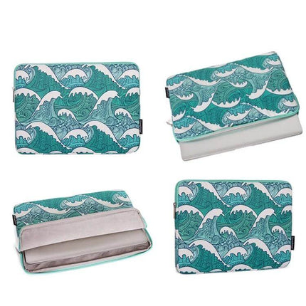 PU Leather Laptop Sleeve Bag for 11-15 Inch Devices with teal wave pattern, waterproof PU exterior, zipper closure, shown open and closed