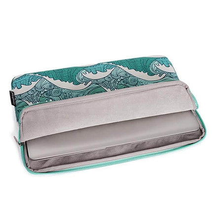 PU Leather Laptop Sleeve Bag for 11-15 Inch Devices - teal wave print protective sleeve with soft interior holding laptop