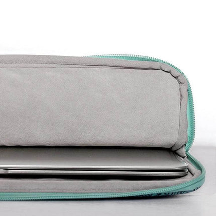 PU Leather Laptop Sleeve Bag for 11-15 Inch Devices showing gray interior padding and laptop partially inserted