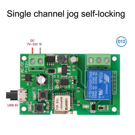 Sonoff Single Channel WiFi Smart Switch for Timing and Remote Control — green PCB with relay, USB 5V, DC 7–32V inputs, push buttons and terminal blocks