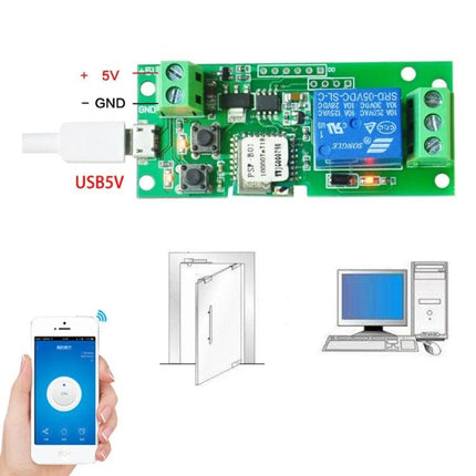 Sonoff Single Channel WiFi Smart Switch for Timing and Remote Control - compact relay board with USB5V power, app control, and home automation icons