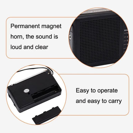 Baijiali Retro Portable FM AM Radio for Everyday Use showing speaker grill, battery compartment and text highlighting loud clear sound and easy operation