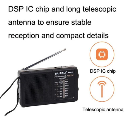 Baijiali Retro Portable FM AM Radio for Everyday Use small black retro radio with DSP IC chip and long telescopic antenna