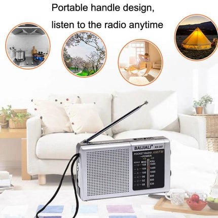 Baijiali Retro Portable FM AM Radio for Everyday Use - compact retro radio with antenna and handle shown on living room sofa
