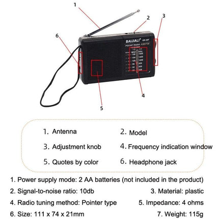 Baijiali Retro Portable FM AM Radio for Everyday Use compact black retro radio with antenna, frequency window and headphone jack