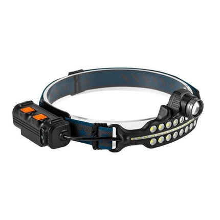 XPG+COB Induction Headlamp Type-C Rechargeable For Outdoors with dual LED array, auxiliary red LEDs, 1200mAh battery and adjustable head strap