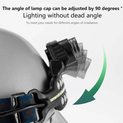 XPG+COB Induction Headlamp Type-C Rechargeable For Outdoors showing adjustable 90° lamp angle on headstrap with dual LED and auxiliary red LEDs