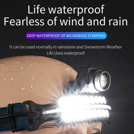 XPG+COB Induction Headlamp Type-C Rechargeable For Outdoors showing waterproof headlamp with bright XPG+COB LEDs and wet helmet in rain