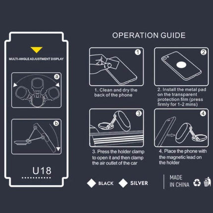 Car Magnetic Phone Holder Foldable With 360 Degree Rotation Black — operation guide diagram showing installation steps, metal pad placement, and multi-angle adjustment