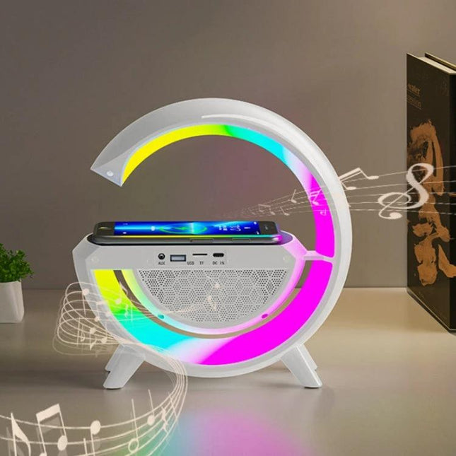 Ambient Light Speaker With LED For Bedside Relaxation showing circular LED glow and Bluetooth phone dock