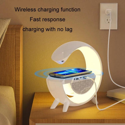 Ambient Light Speaker With LED For Bedside Relaxation showing compact wireless charging LED Bluetooth speaker on nightstand