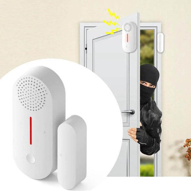 Tuya WiFi Enabled Door and Window Security Sensor with Sound and Light Alarm mounted on door sending phone alerts when intruder opens window