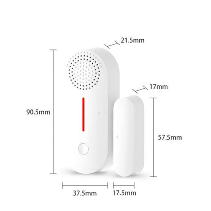 Tuya WiFi Enabled Door and Window Security Sensor with Sound and Light Alarm white sensor and magnet with dimensions shown