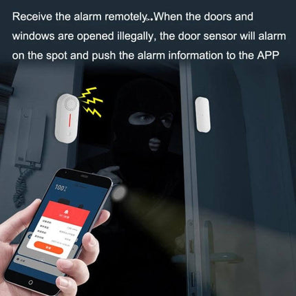 Tuya WiFi Enabled Door and Window Security Sensor with Sound and Light Alarm mounted on door sending app alert as intruder tries to enter