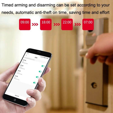 Tuya WiFi Enabled Door and Window Security Sensor with Sound and Light Alarm showing app scheduled arming times and smartphone controlling door sensor