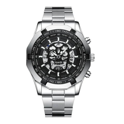 BINBOND Waterproof Quartz Watch with Skeleton Design silver stainless steel bracelet watch with luminous hands and calendar, 30m splash resistant