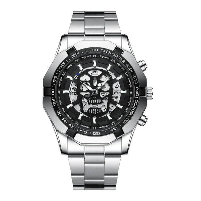 BINBOND Waterproof Quartz Watch with Skeleton Design silver stainless steel bracelet watch with luminous hands and calendar, 30m splash resistant