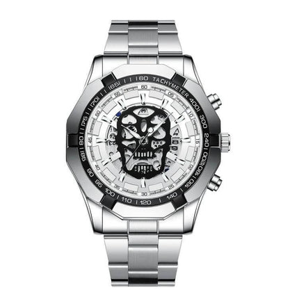 BINBOND Waterproof Quartz Watch with Skeleton Design silver stainless steel men's watch with skull skeleton dial, luminous hands, calendar, 30m water resistant