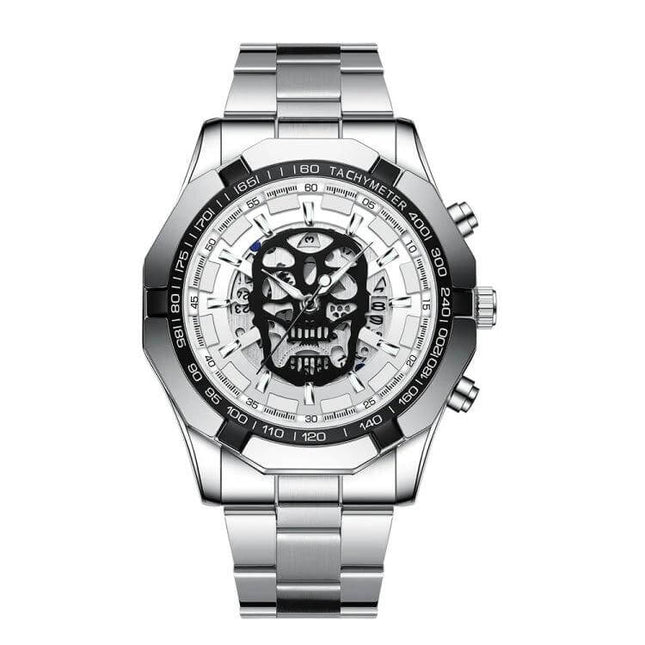 BINBOND Waterproof Quartz Watch with Skeleton Design silver stainless steel men's watch with skull skeleton dial, luminous hands, calendar, 30m water resistant