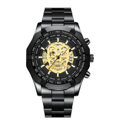 BINBOND Waterproof Quartz Watch with Skeleton Design black stainless steel band gold skeleton dial, luminous hands, calendar, 30m splash resistant