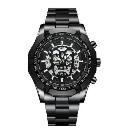 BINBOND Waterproof Quartz Watch with Skeleton Design black stainless steel skeleton dial, luminous hands, calendar, water resistant to 30m