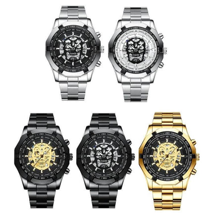 BINBOND Waterproof Quartz Watch with Skeleton Design showing five metal bracelet variations (silver, black, gold) with exposed skull-style skeleton dials