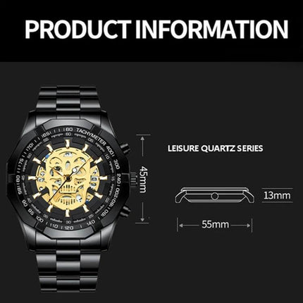 BINBOND Waterproof Quartz Watch with Skeleton Design showing black metal bracelet, gold skeleton dial, luminous hands, calendar and 45mm case