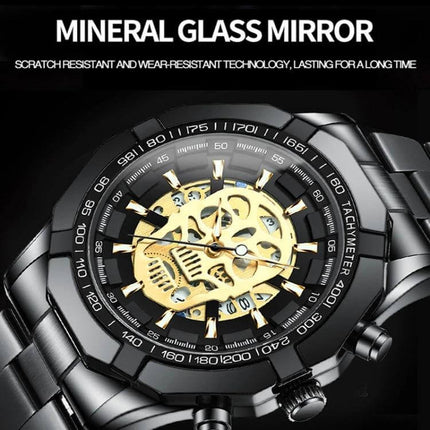 BINBOND Waterproof Quartz Watch with Skeleton Design black stainless steel case showing gold skeleton movement, luminous hands, calendar, 30m water-resistant