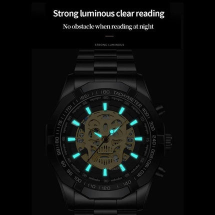 BINBOND Waterproof Quartz Watch with Skeleton Design showing luminous hands and markers for clear night reading