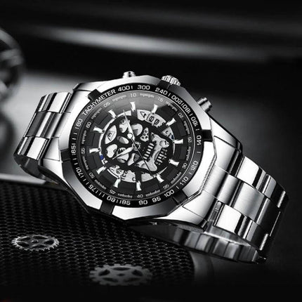 BINBOND Waterproof Quartz Watch with Skeleton Design — stainless steel skeleton dial, luminous hands, calendar, water-resistant to 30m