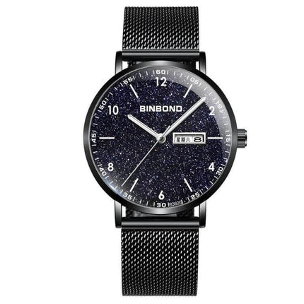 BINBOND Luminous Starry Design Watch for Everyday Wear – black mesh band, starry luminous dial, date window, glow-in-dark visibility for commuting