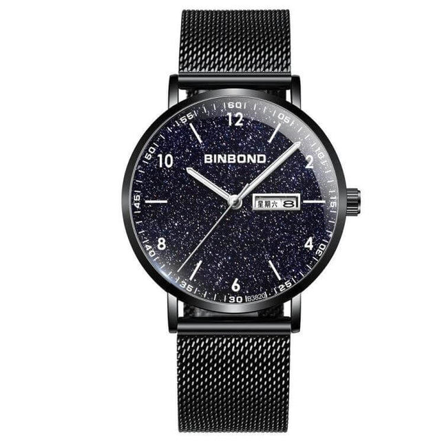 BINBOND Luminous Starry Design Watch for Everyday Wear – black mesh band, starry luminous dial, date window, glow-in-dark visibility for commuting
