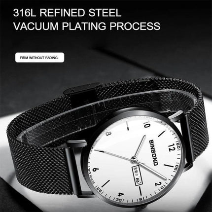 BINBOND Luminous Starry Design Watch for Everyday Wear - sleek 316L steel mesh band, luminous hands and starry-inspired white dial for low-light visibility